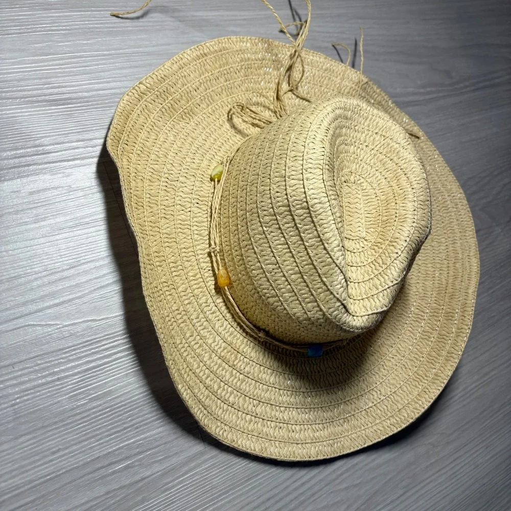 White Mountain Hat Womens Tan Straw Cowboy Hat Beaded Western Sun Hat OS